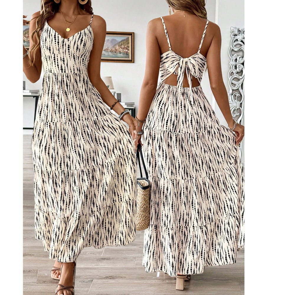 Womens Boho Printed Dress Spaghetti Strap Summer Maxi Dresses Hollow Back Beach Sundress