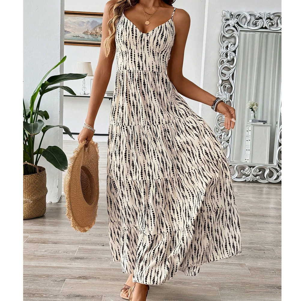 女子波西米亚印花连衣裙意大利吊带夏季及地连衣裙空心背海滩背心裙