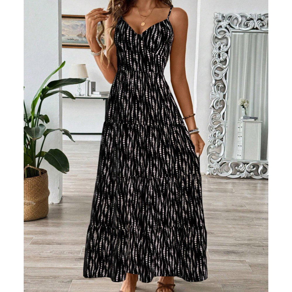 Womens Boho Printed Dress Spaghetti Strap Summer Maxi Dresses Hollow Back Beach Sundress