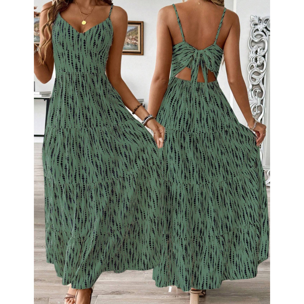 女子波西米亚印花连衣裙意大利吊带夏季及地连衣裙空心背海滩背心裙