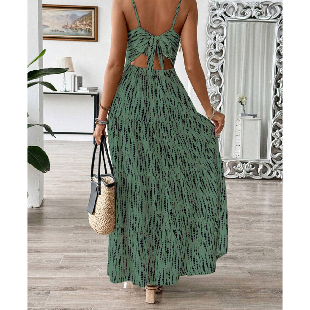 女子波西米亚印花连衣裙意大利吊带夏季及地连衣裙空心背海滩背心裙