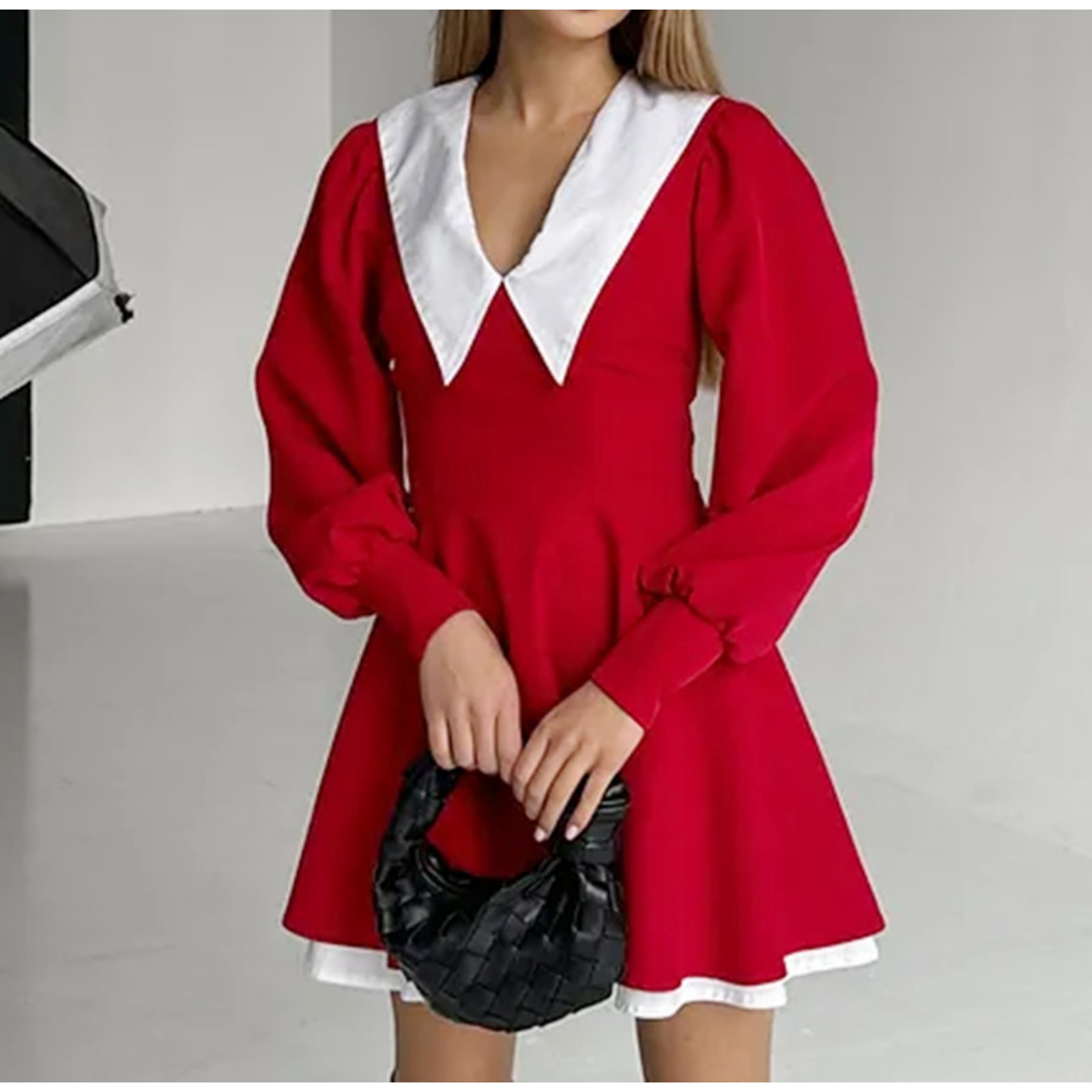 跨境法式娃娃领拼接短款连衣裙欧美2025春季新款收腰灯笼袖短裙女