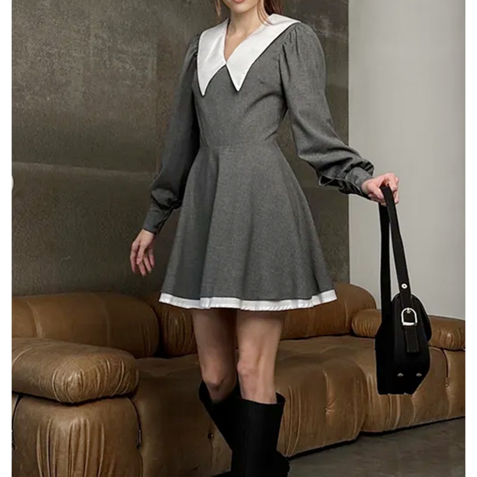 French Doll Collar Short Dress - Spring New Spliced Waist-Cinched Lantern Sleeve Dress