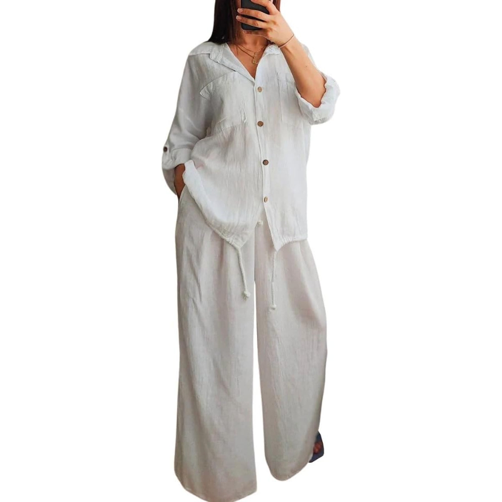 2025欧美跨境独立站亚马逊休闲宽松棉麻纯色衬衫纽扣阔腿裤2件套