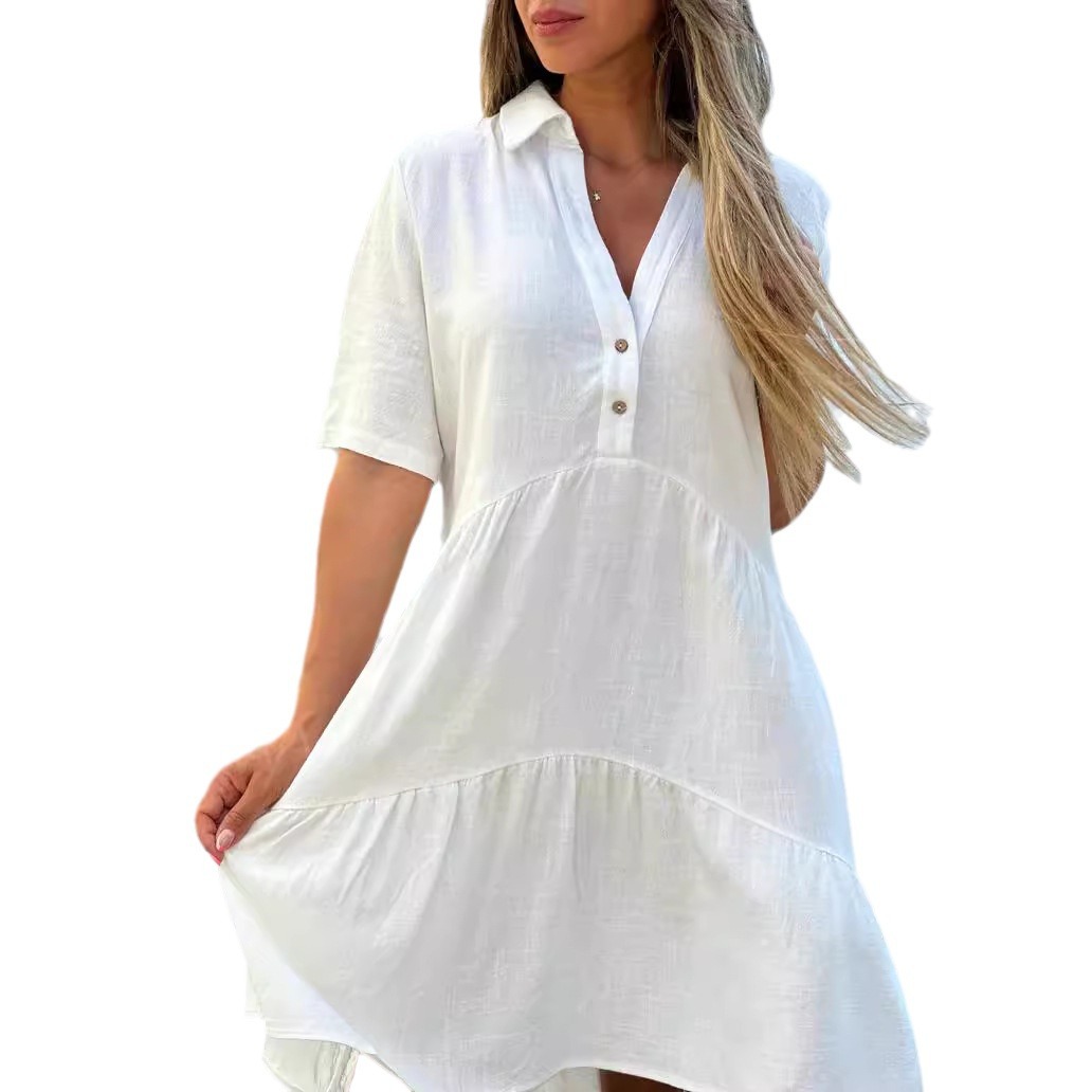 Women's Summer Linen Cotton Blend Dress Short Sleeve V-neck Lapel Button Front Knee Length Dress Casual Loose Fit Flattering Solid Vacation Beach Sundress