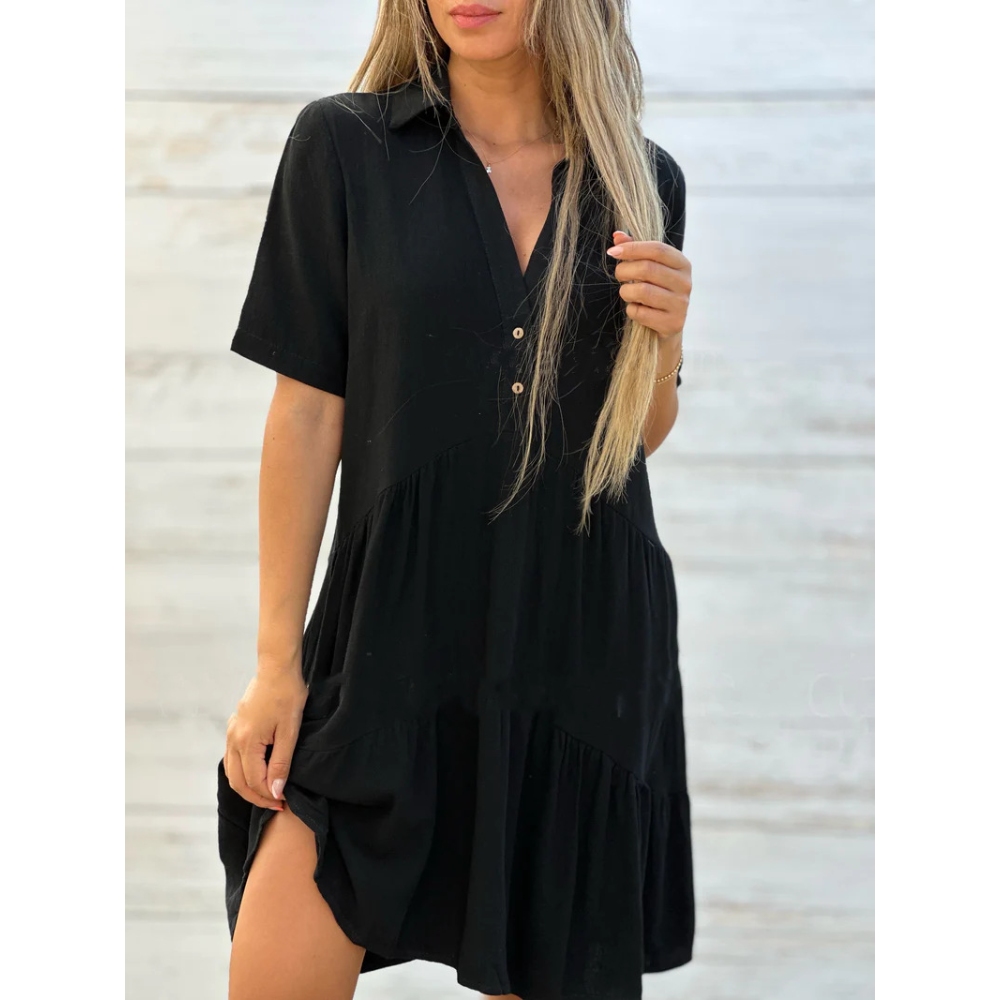Women's Summer Linen Cotton Blend Dress Short Sleeve V-neck Lapel Button Front Knee Length Dress Casual Loose Fit Flattering Solid Vacation Beach Sundress
