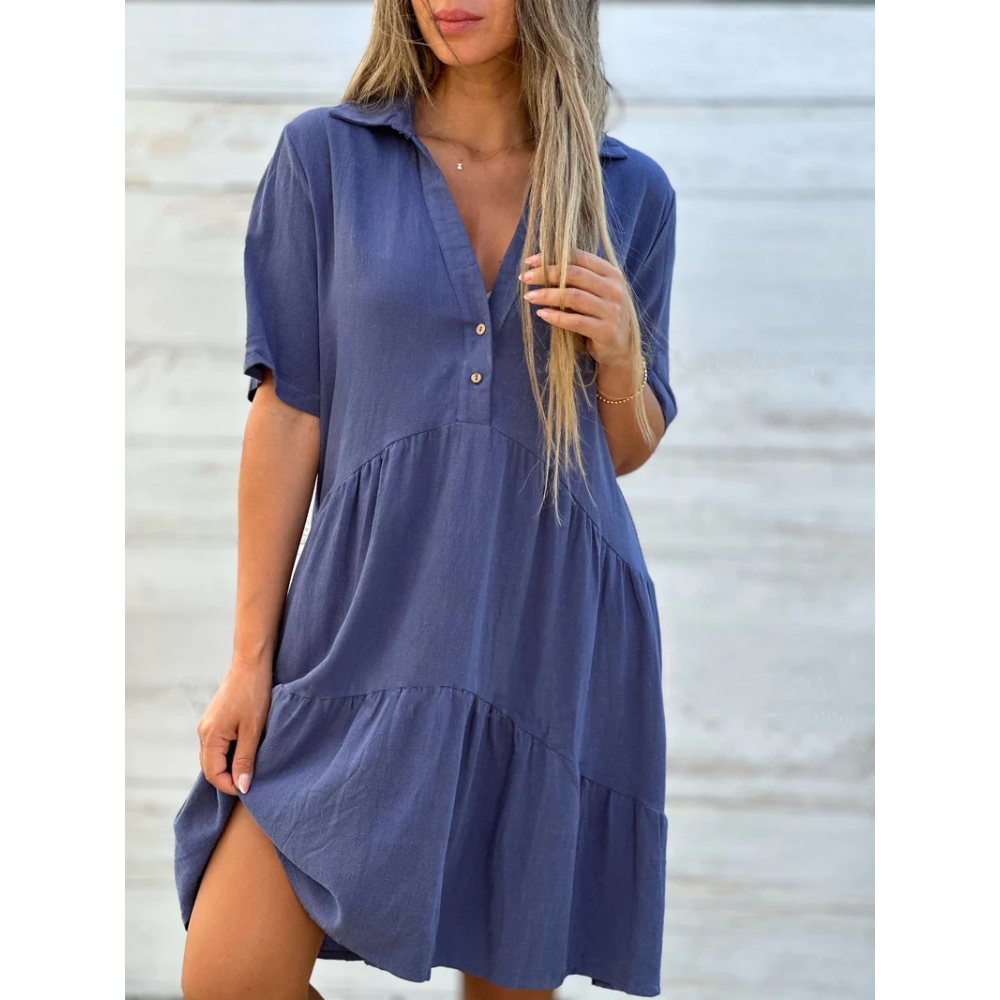 Women's Summer Linen Cotton Blend Dress Short Sleeve V-neck Lapel Button Front Knee Length Dress Casual Loose Fit Flattering Solid Vacation Beach Sundress