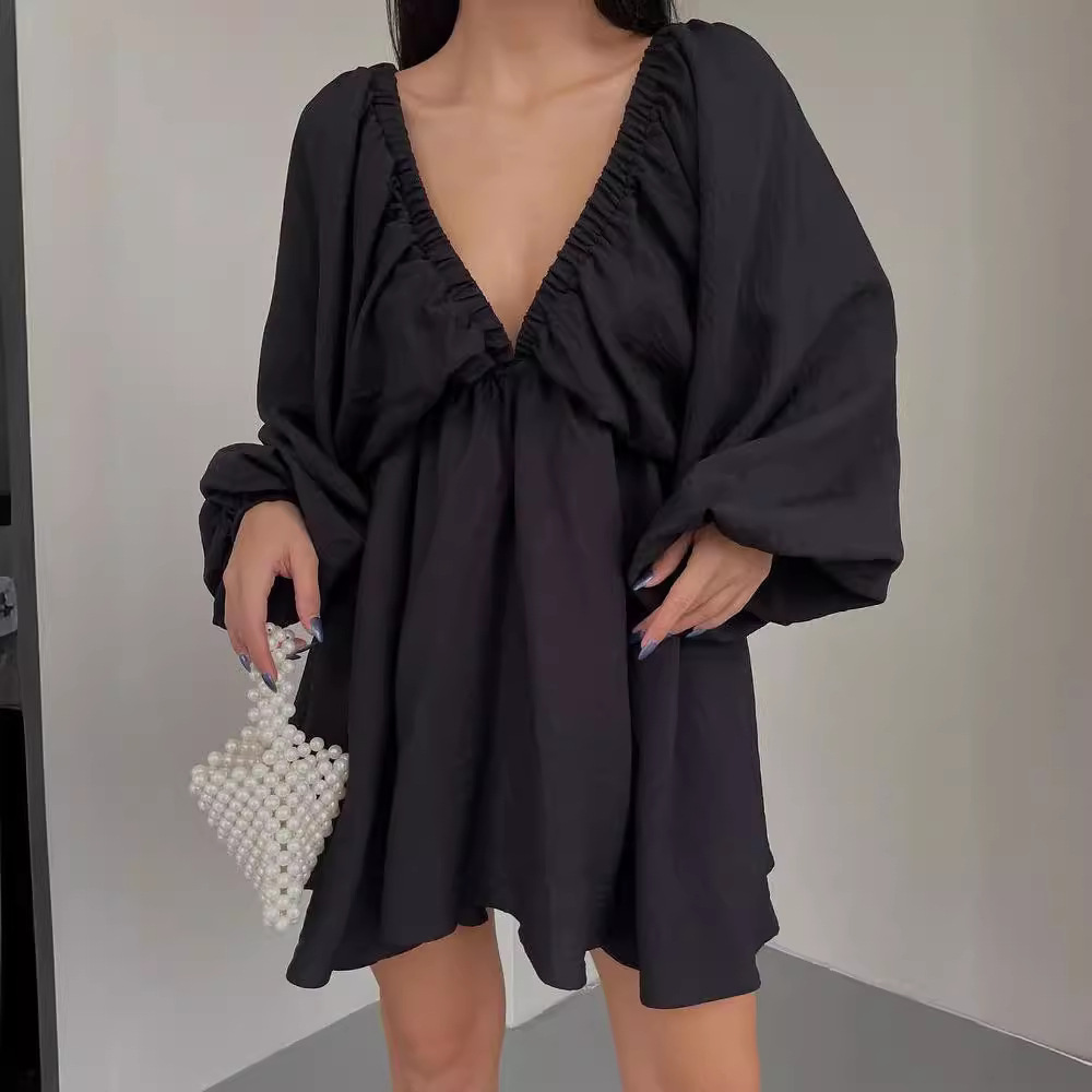 新款V领长袖连衣裙自主设计泡泡袖大摆裙