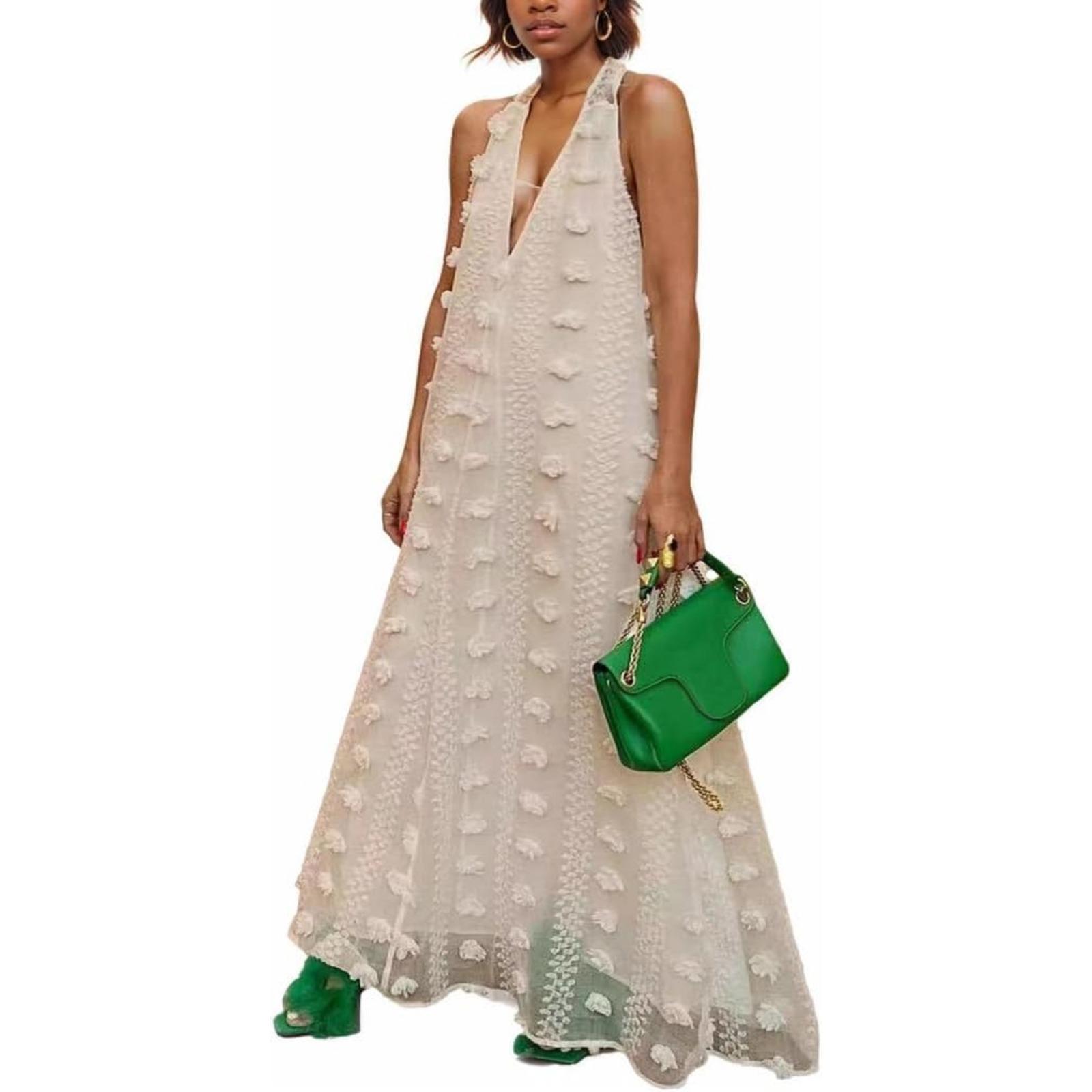 Women's Halter Baggy Flowy Maxi Dress Flower Design Loose Sleeveless V-Neck Floor Length Long Dresses