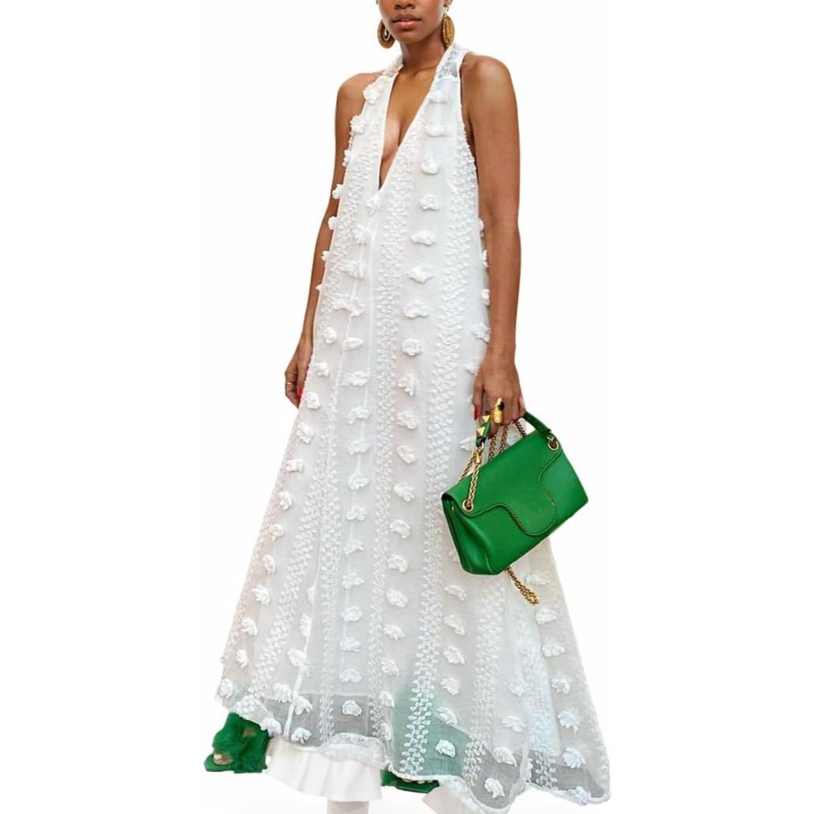 Women's Halter Baggy Flowy Maxi Dress Flower Design Loose Sleeveless V-Neck Floor Length Long Dresses