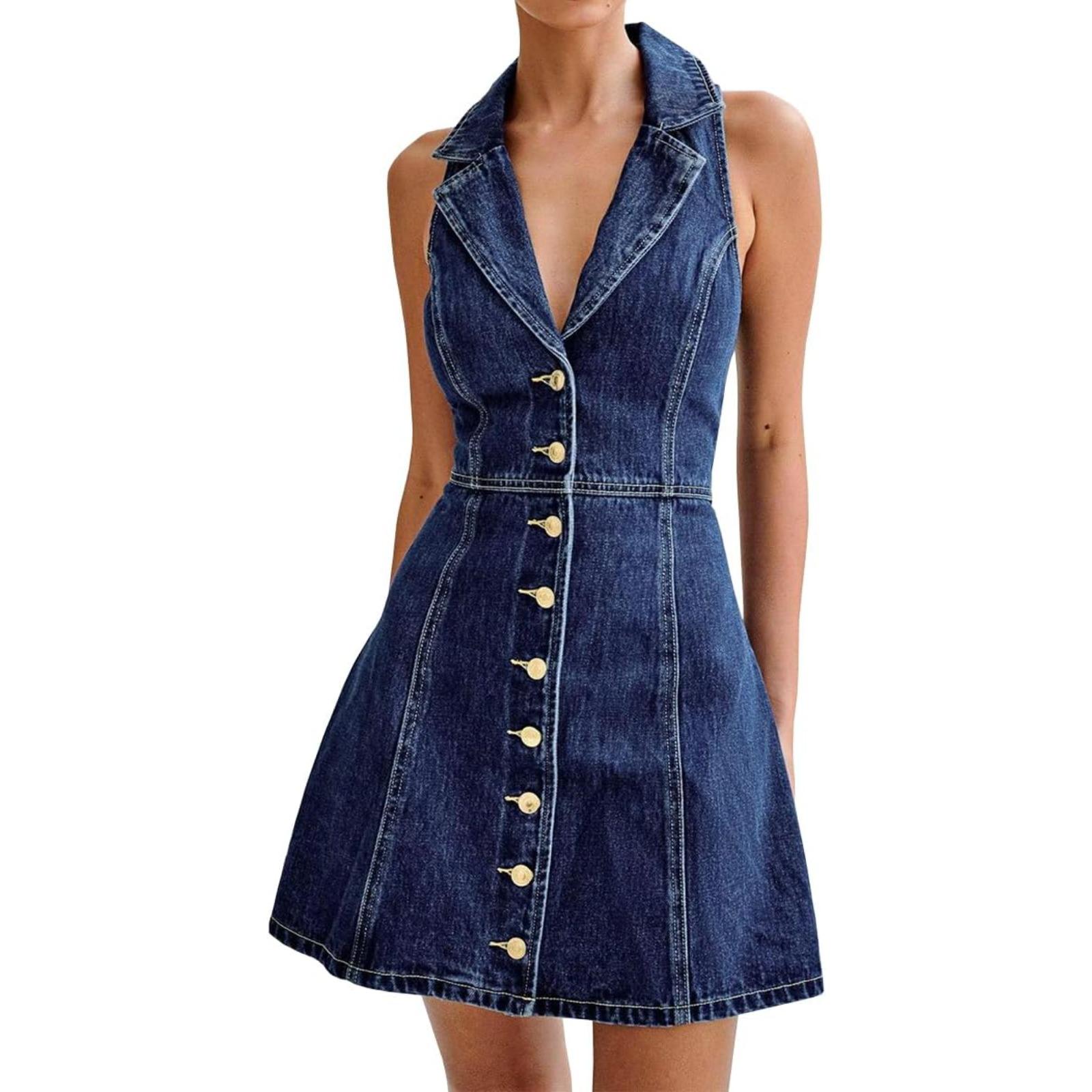 挂脖背带牛仔连衣裙子女夏季新款茶歇法式感气质修身长裙