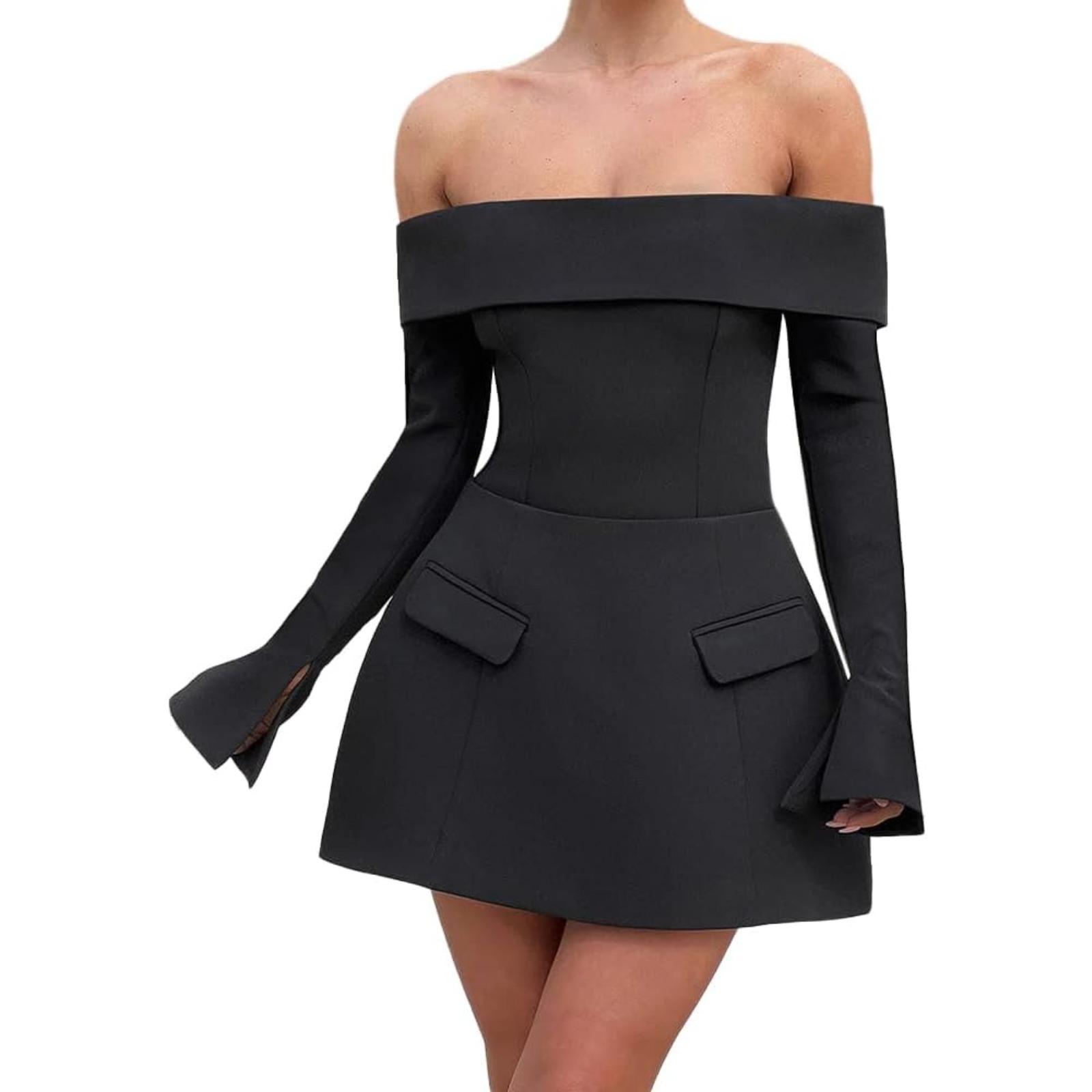 性感风一字肩A摆连衣裙女新款气质优雅修身包臀短裙