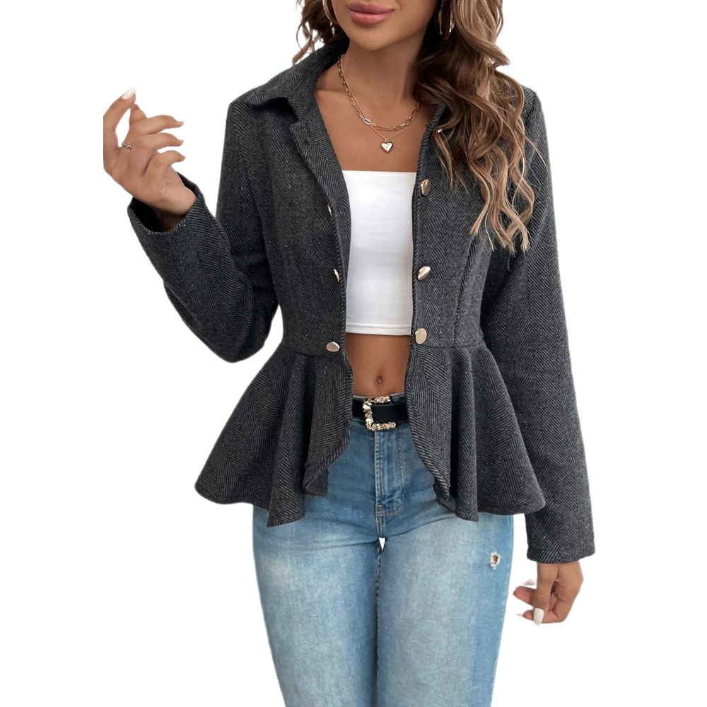 欧美外贸跨境女装翻领提花荷叶边修身双排扣气质办公室西装外套女