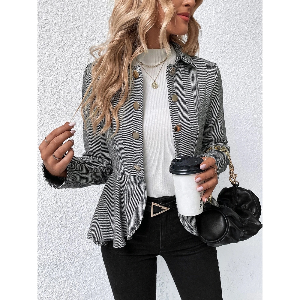 Women's Jacquard Notch Lapel Double Breasted Blazer Business Casual Peplum Hem Jacket Fitted Waist Office Blazer Dressy Open Front Herringbone Suit Jacket  