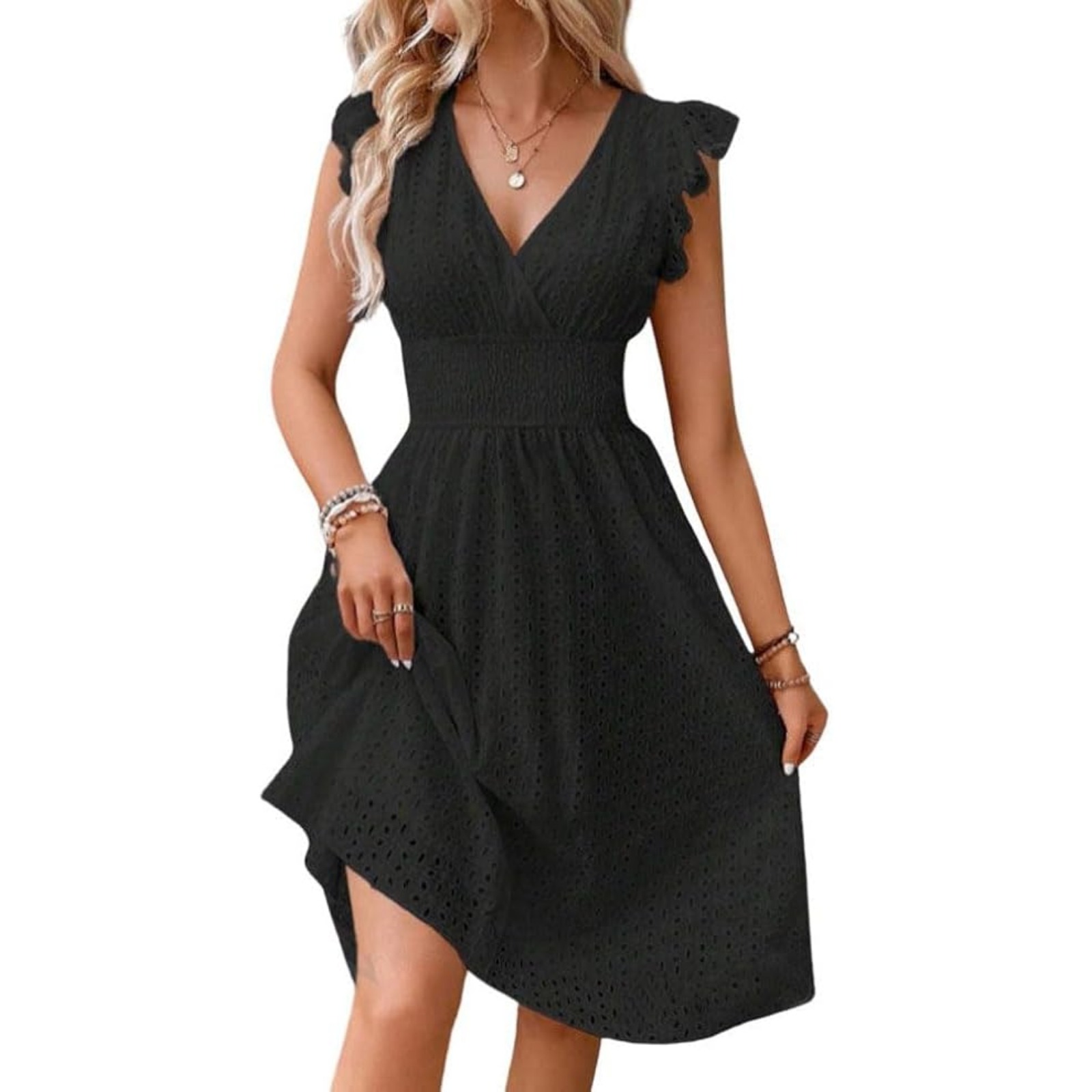 女装新款中长裙提花镂空显瘦 V领大码纯色连衣裙女