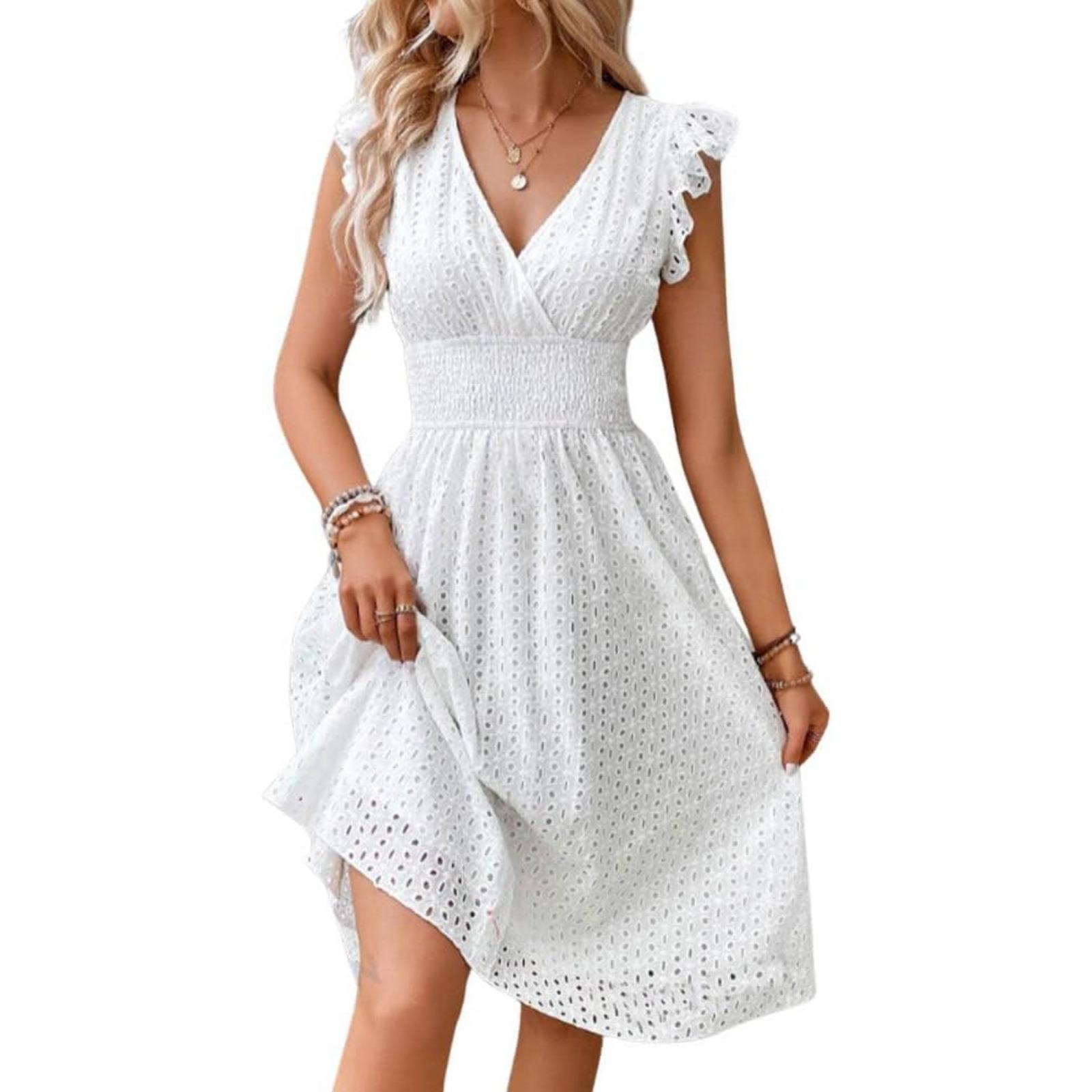 女装新款中长裙提花镂空显瘦 V领大码纯色连衣裙女