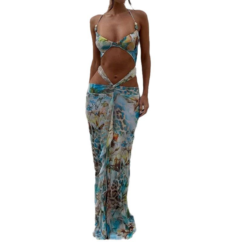 Women's Spaghetti Strap Lace Up Printed Bodycon Ruffles Sexy Nightclub Party Dresss