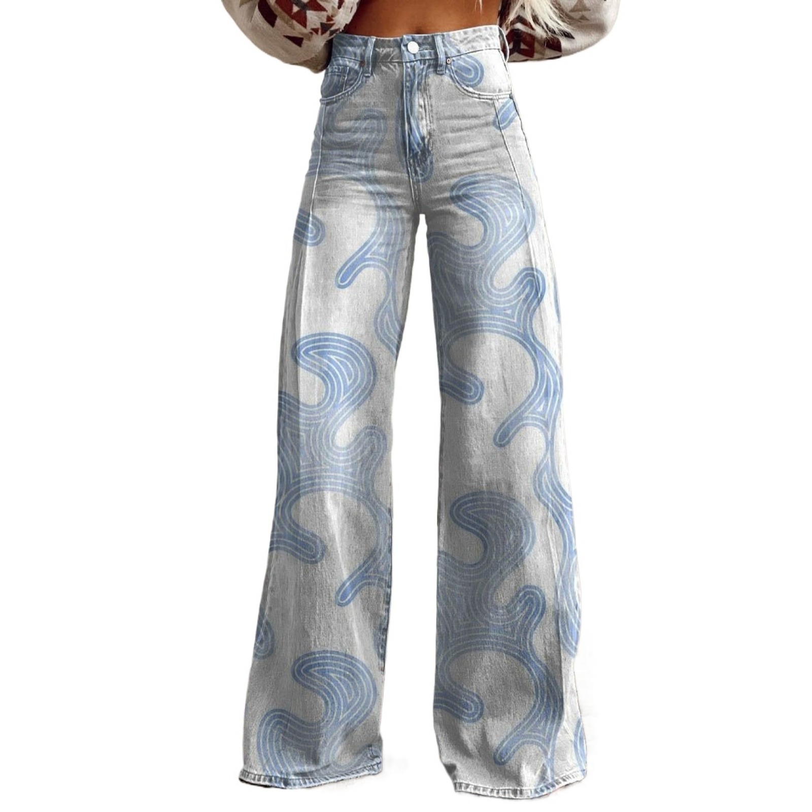 跨境秋冬亚马逊阔腿3D数码印休闲微喇长裤拖地裤女装