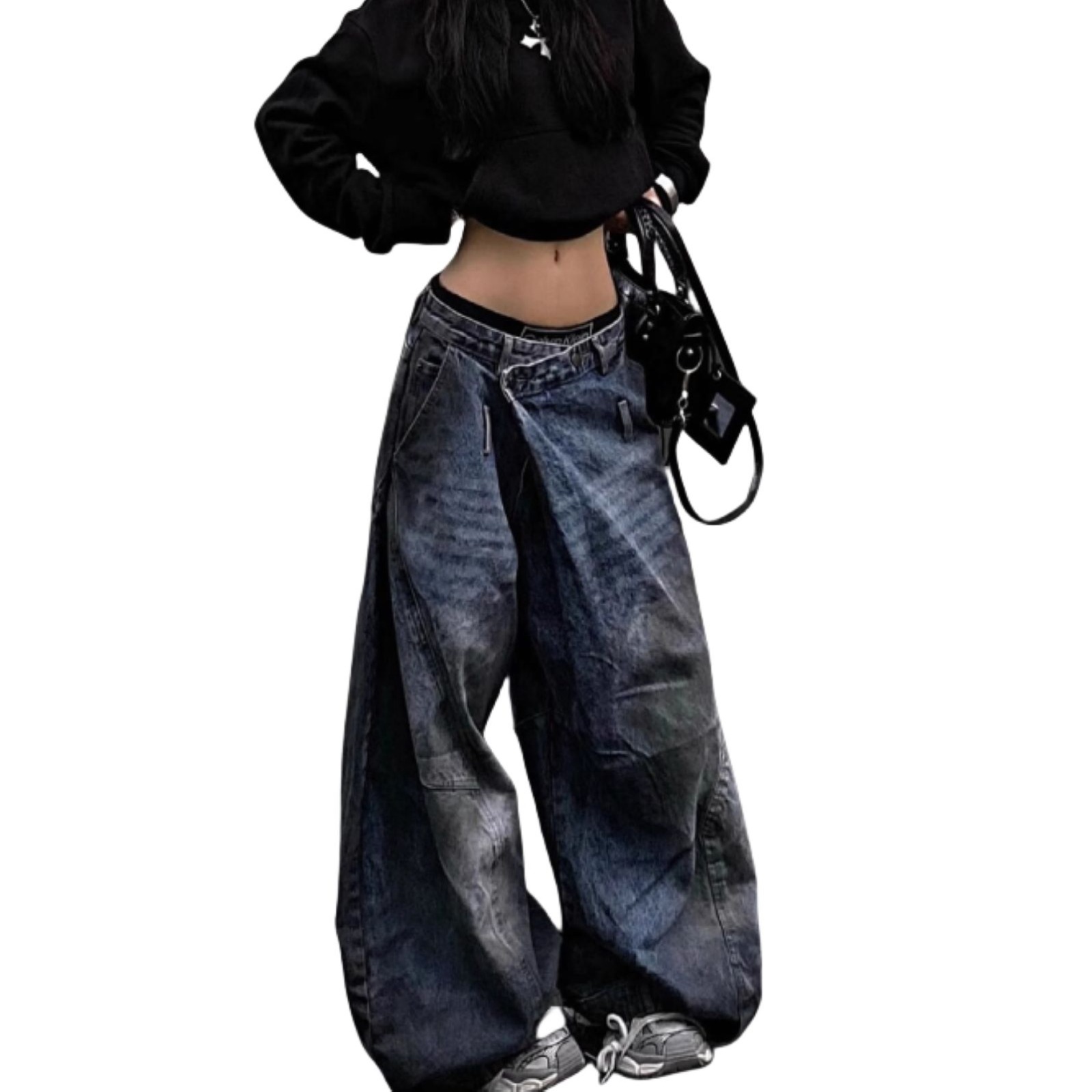 街头做旧牛仔裤女春秋季新款潮流设计感反转腰头阔腿长裤