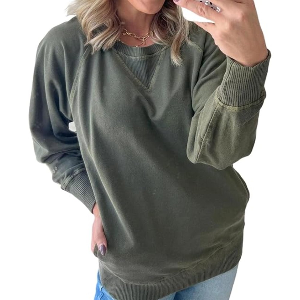 Women's Fall Winter Ribbed Trim Pullover Sweatshirt Oversized Crew Neck Long Sleeve Casual Loose Fit Pocket Sweatshirt Y2K Vintage Washed Tops Cozy Everyday Essentials