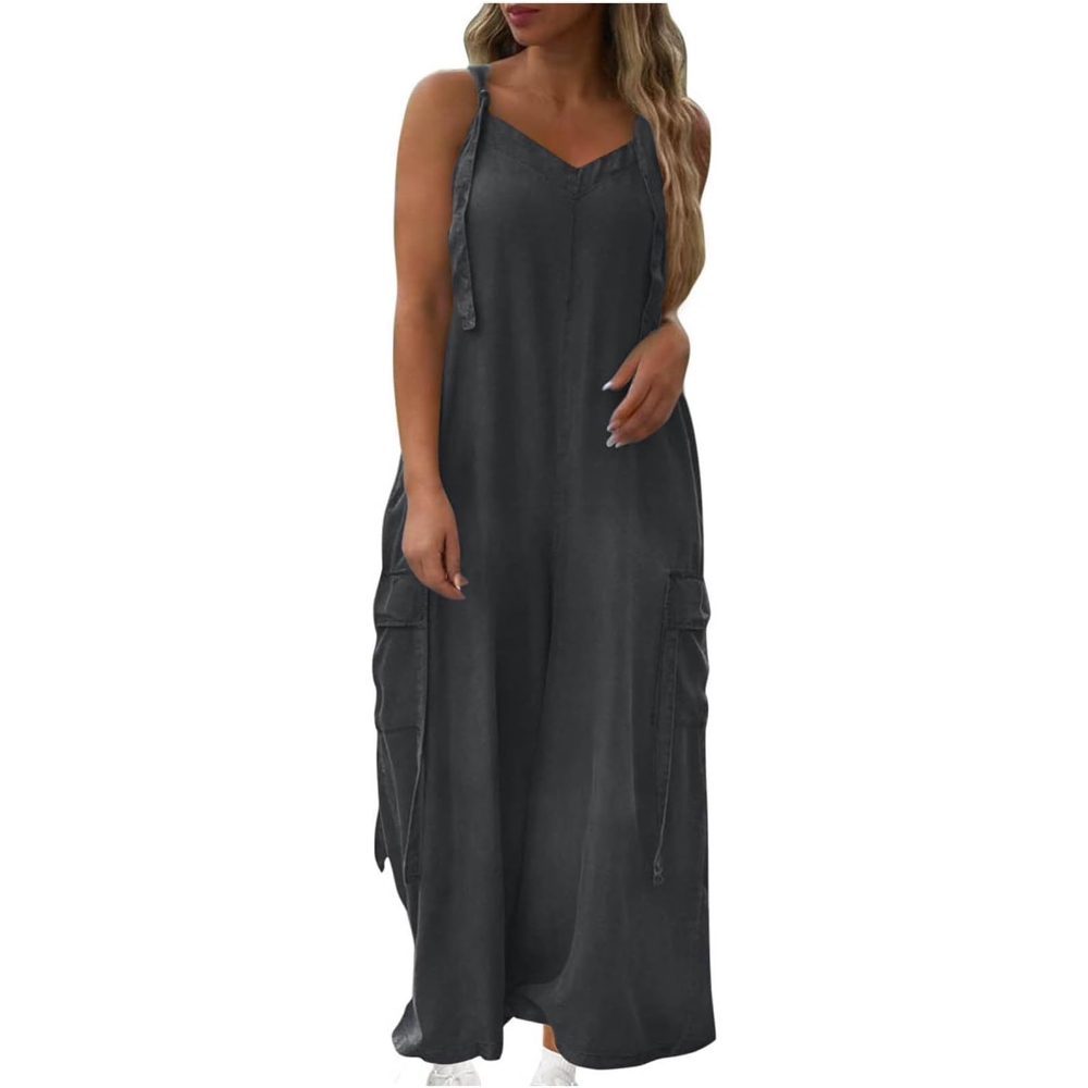 Women's Summer V Neck Sleeveless Spaghetti Strap Wide Leg Jumpsuit Loose Fit Casual Lightweight Overalls One Piece Outfit Beach Resort Wear Romper Oversized Long Cargo Pants With Pockets 
