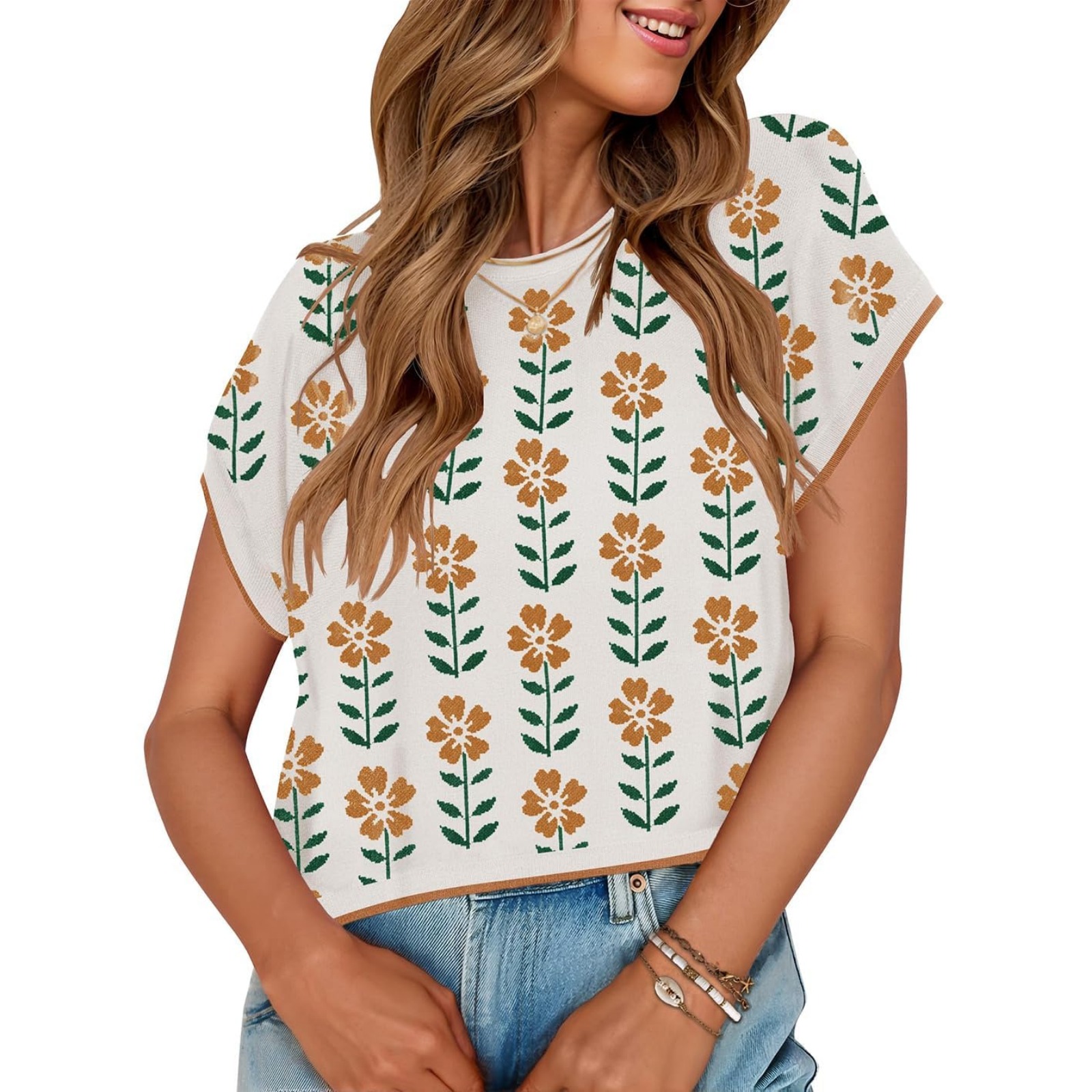 夏季帽袖露脐短袖圆领针织小花朵毛衣短