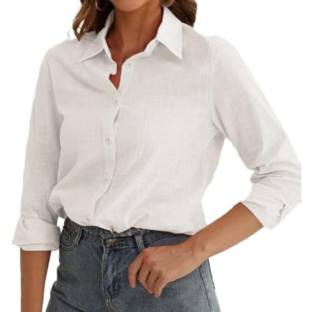 Women's Cotton Linen Shirt Long Sleeve V Neck Button Down Top Solid Lightweight Casual Loose Fit Blouse Work to Weekend Resort Wear Tops