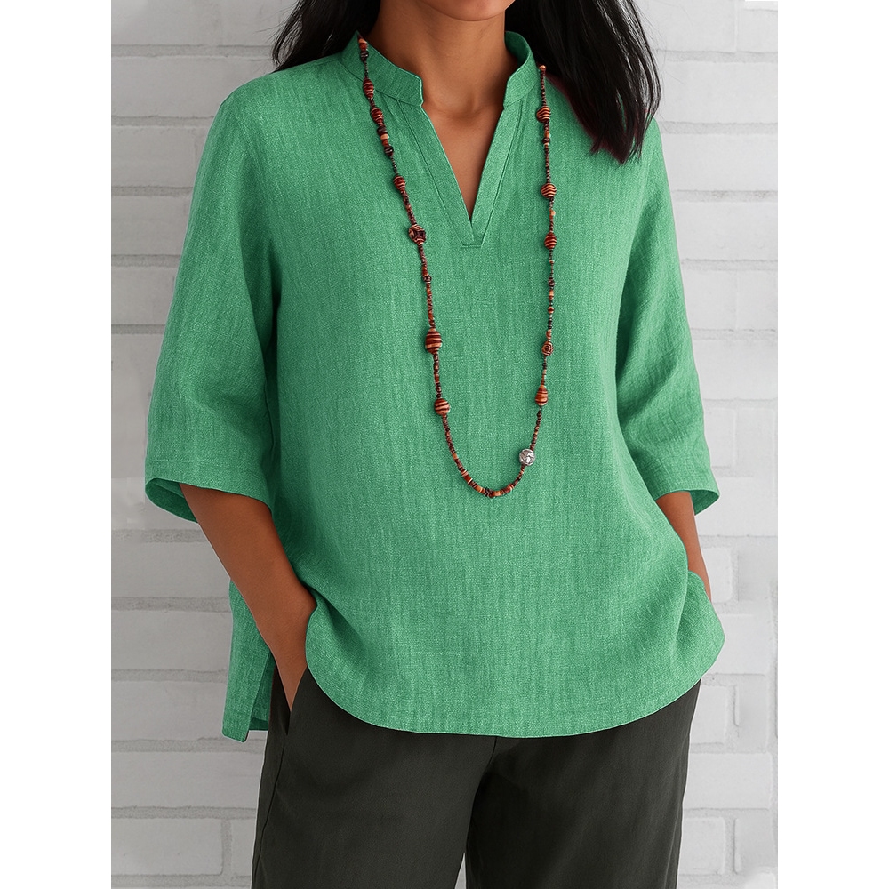 2025年新款亚马逊独立站夏季欧美女装V领七分袖棉麻宽松休闲衬衣