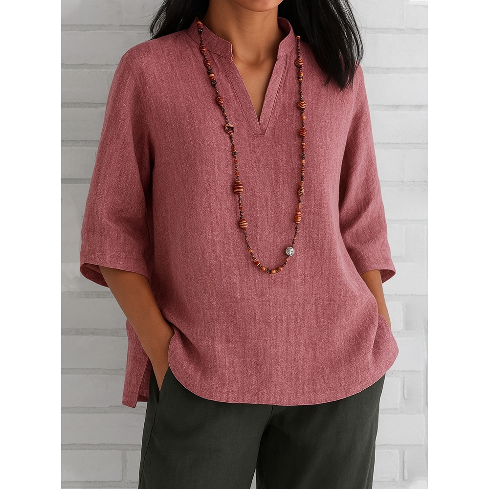 2025年新款亚马逊独立站夏季欧美女装V领七分袖棉麻宽松休闲衬衣