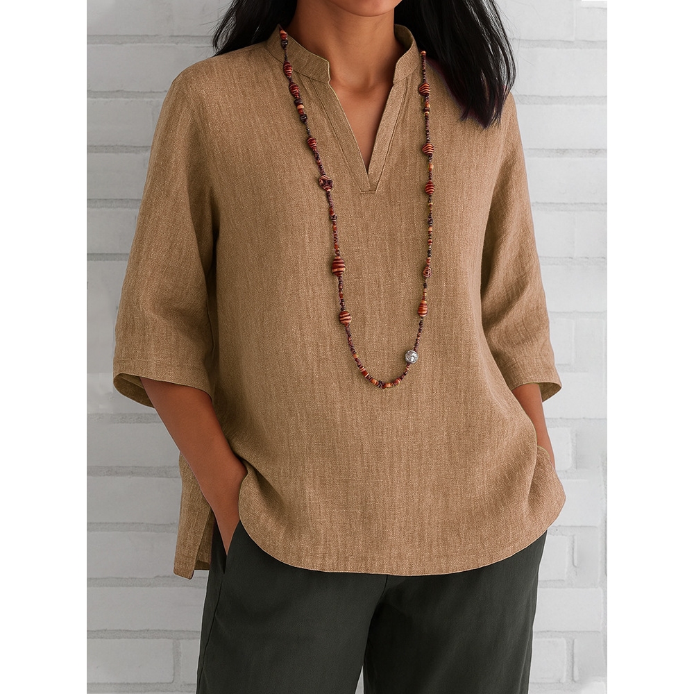 2025年新款亚马逊独立站夏季欧美女装V领七分袖棉麻宽松休闲衬衣