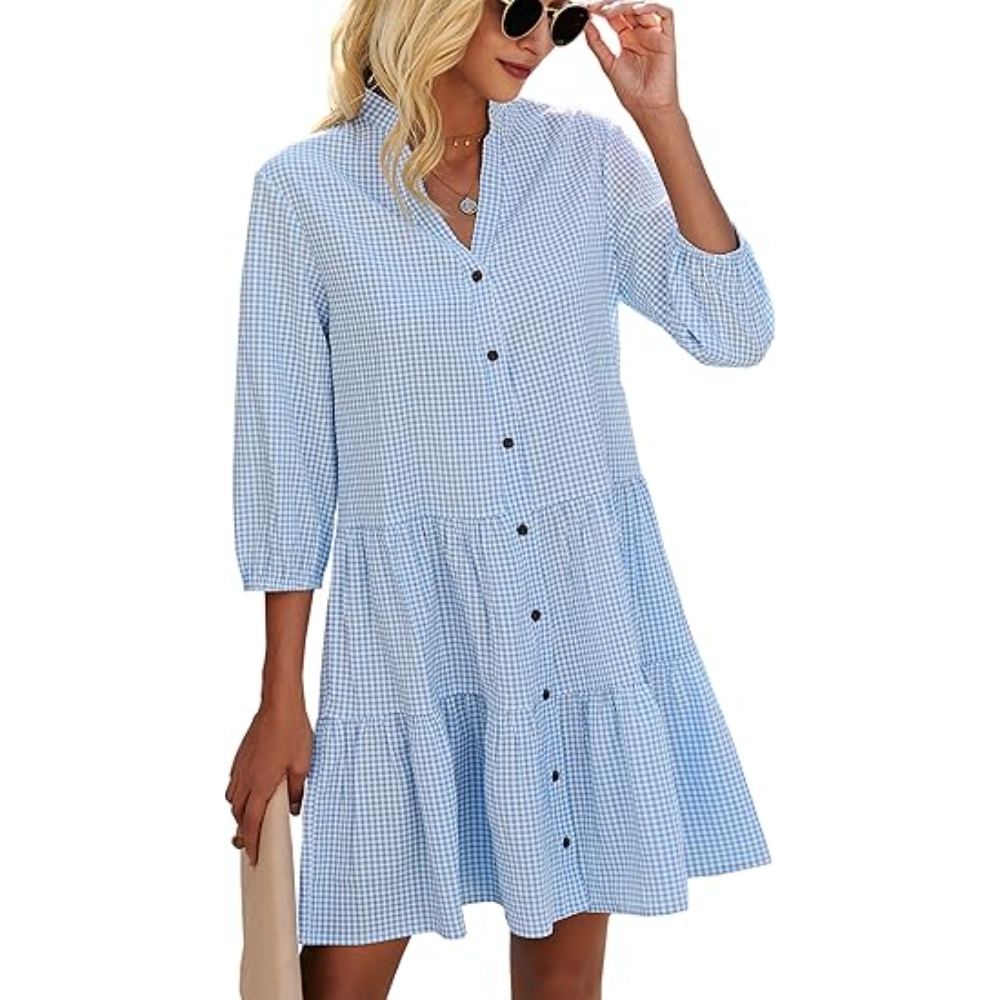 Women's Summer Plaid V Neck 3/4 Sleeve Button Down Shirt Dress Tiered Hem Loose Fit Casual Flowy A Line Dress Party Everyday Midi Dress