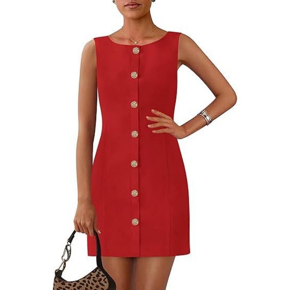 2025夏欧美外贸跨境女装亚马逊爆款 无袖圆领系扣纯色短款连衣裙