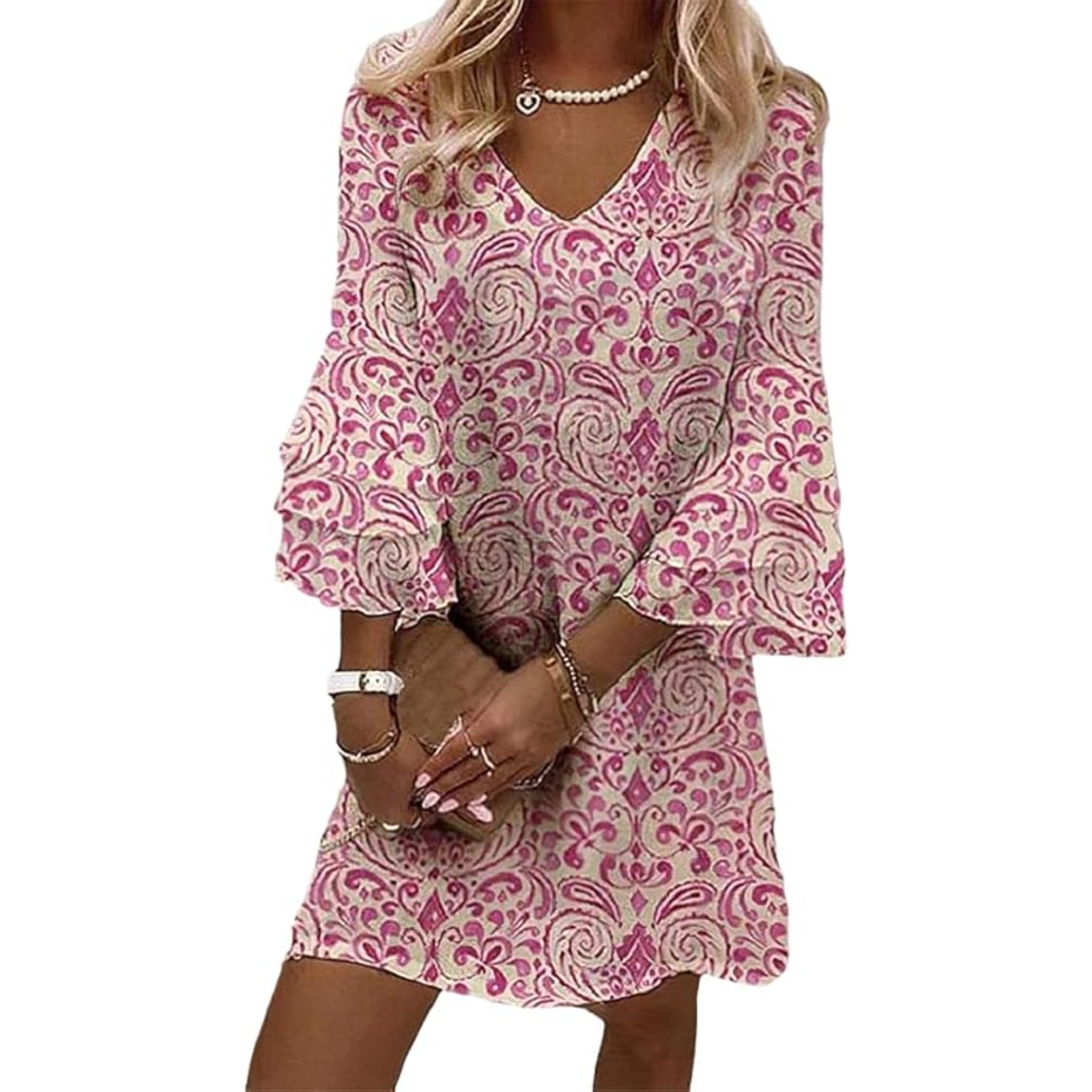 Summer Dresses for Women 2025 Wedding Guest Dress Boho Floral Print Casual V Neck Bell Sleeve Flowy Beach Mini Dress