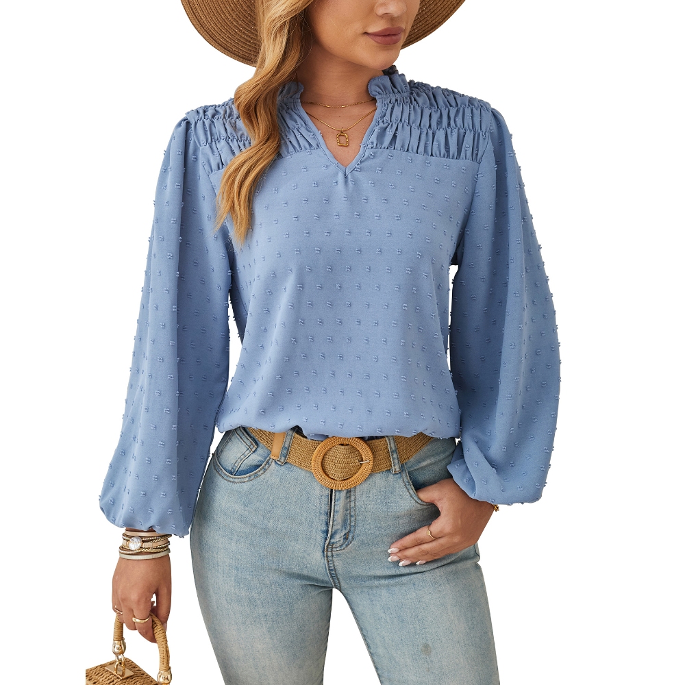 Women's Summer V Neck Long Sleeve Smocked Tops Jacquard Flowy Lightweight Chiffon Blouse Work to Resort Elegant Ruffle Pom Pom Shirt Spring Fashion
