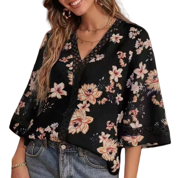 新款宽松型V领气质通勤喇叭袖蕾丝上衣雪纺衫