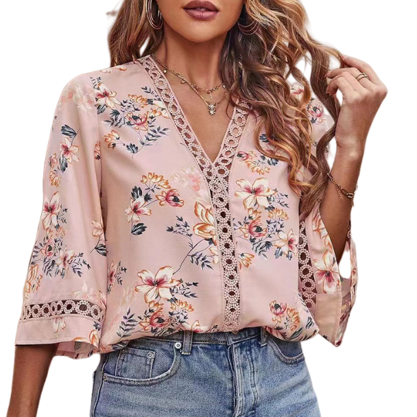 新款宽松型V领气质通勤喇叭袖蕾丝上衣雪纺衫