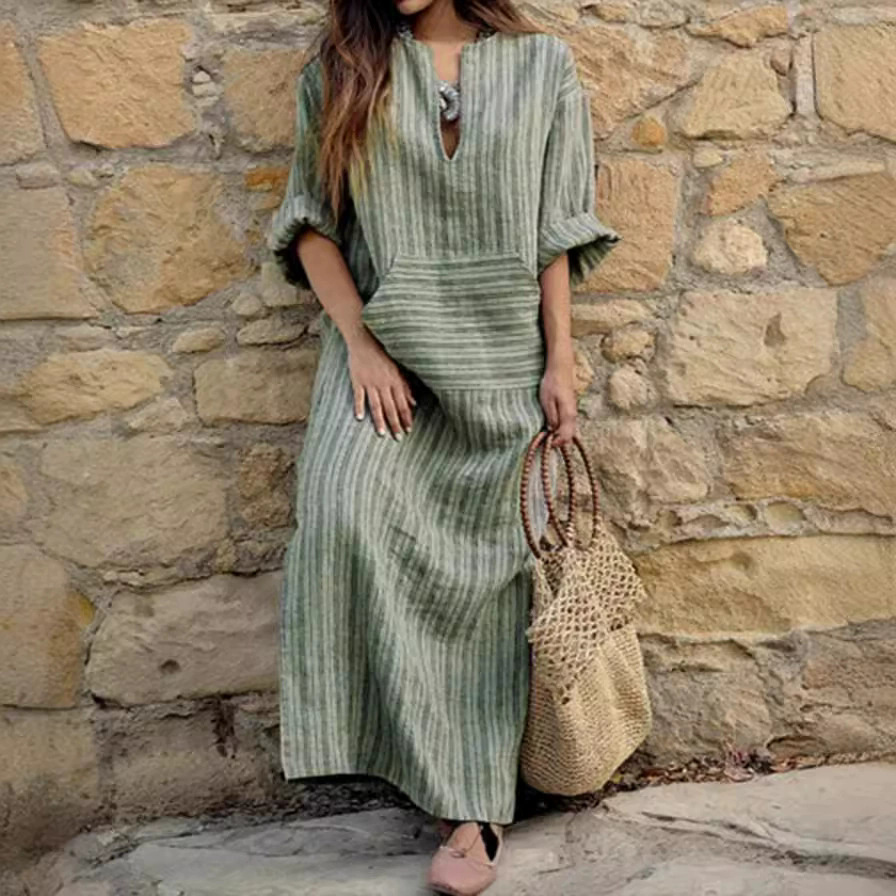 Women's Plus Size Cotton Linen Dresses Striped V Neck Caftans 3/4 Sleeve Casual Loose Maxi Beach Dress with Pockets