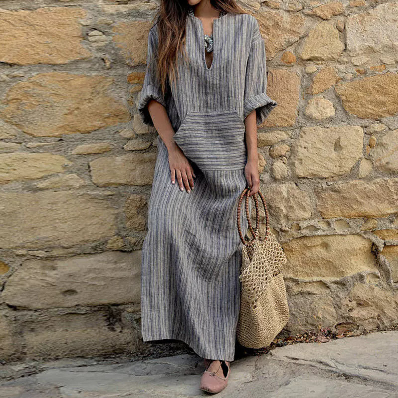 Women's Plus Size Cotton Linen Dresses Striped V Neck Caftans 3/4 Sleeve Casual Loose Maxi Beach Dress with Pockets
