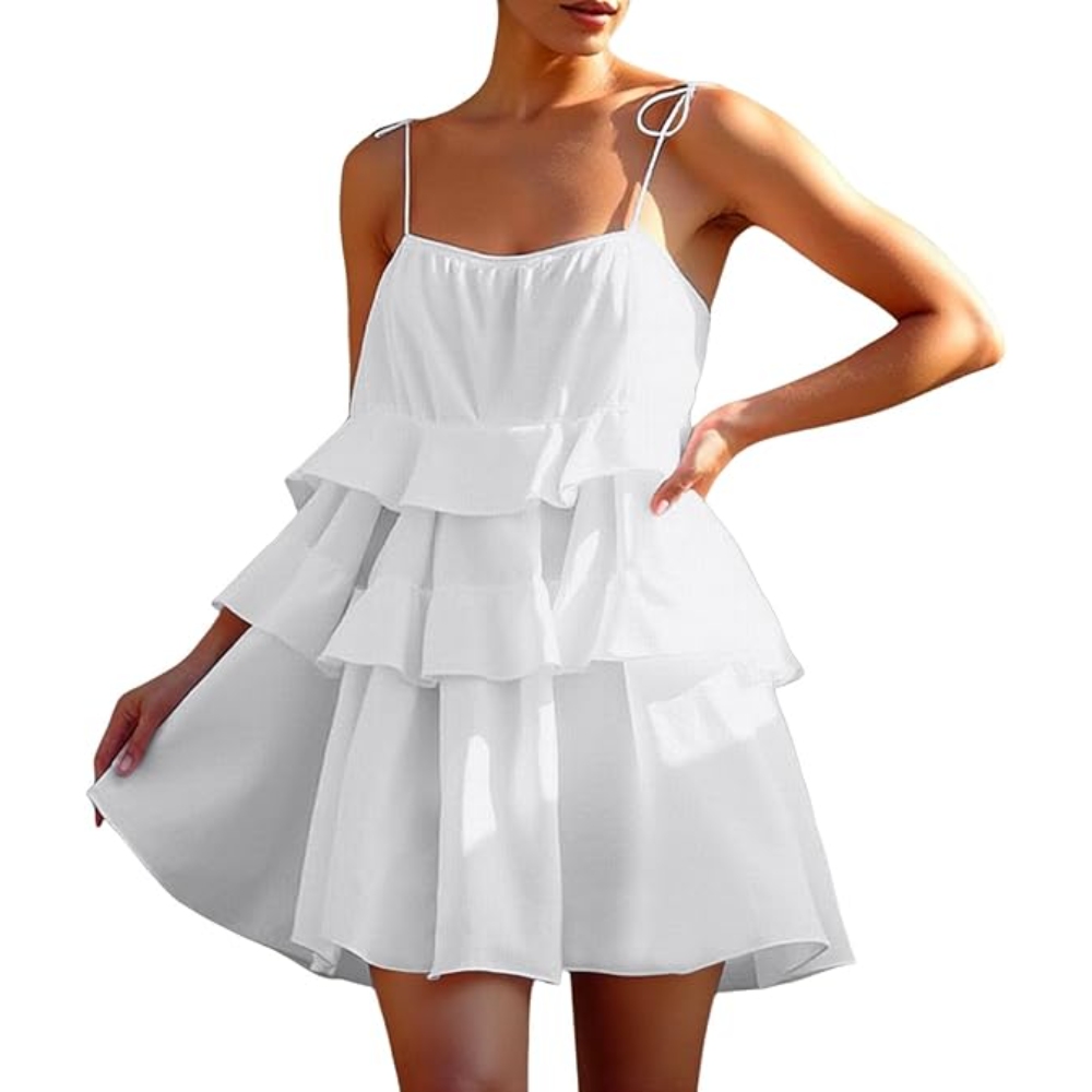 吊带连衣裙欧美2024夏季多层荷叶边蛋糕裙短款吊带露背