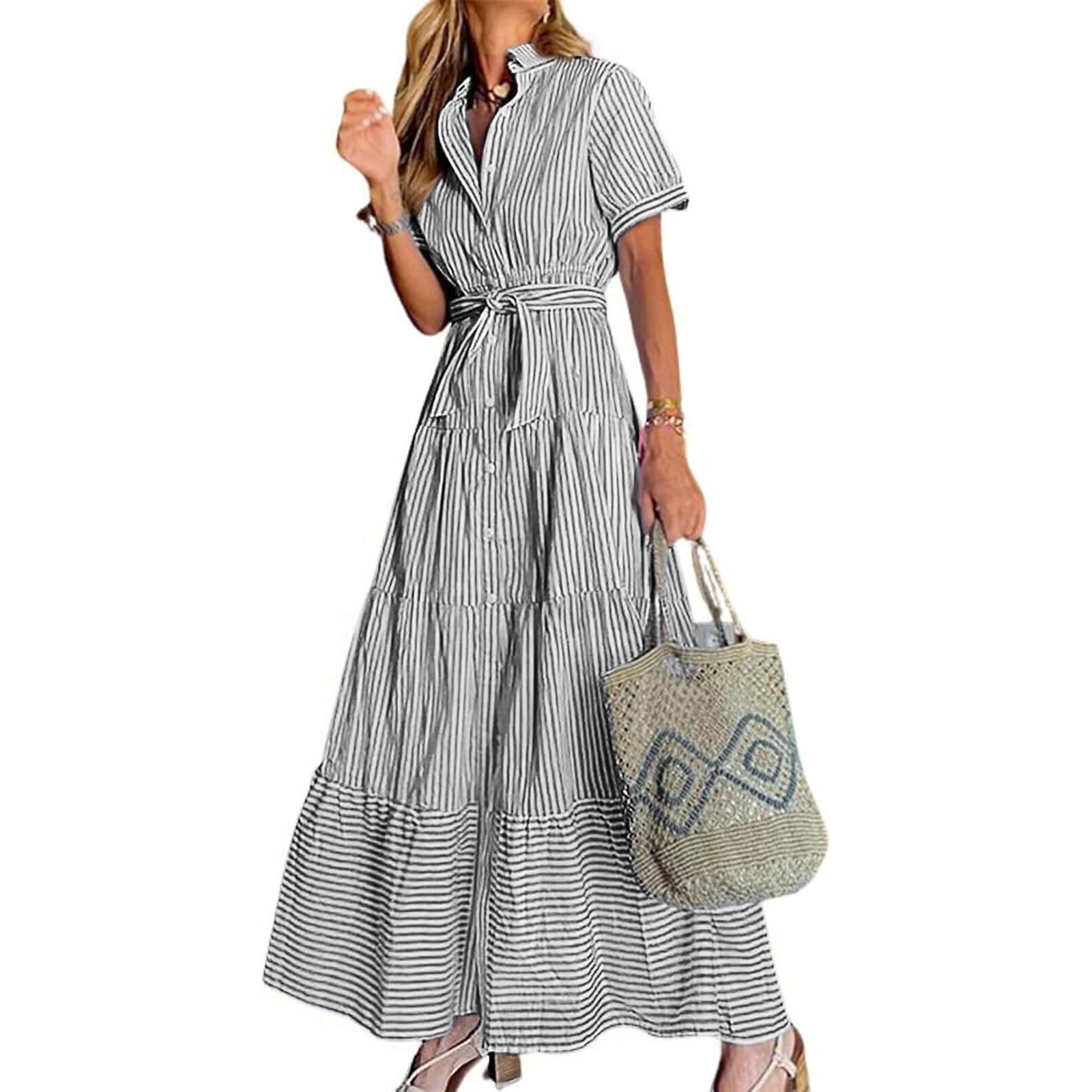 Womens Casual Short Sleeve Button Down Tie Waist Ruffled Striped Maxi Shirt Dress