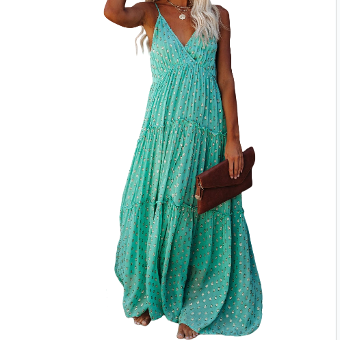 女装豹纹清新吊带型无袖V领碎褶连衣裙