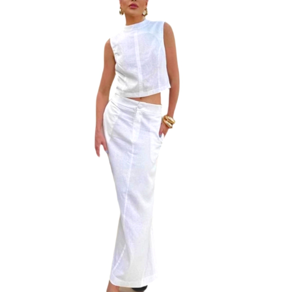 Women's Summer Cotton 2 Piece Outfit Round Neck Sleeveless Back Button Crop Top & High Waist Slit Maxi Skirt Sets Lightweight Breathable Casual Matching Set