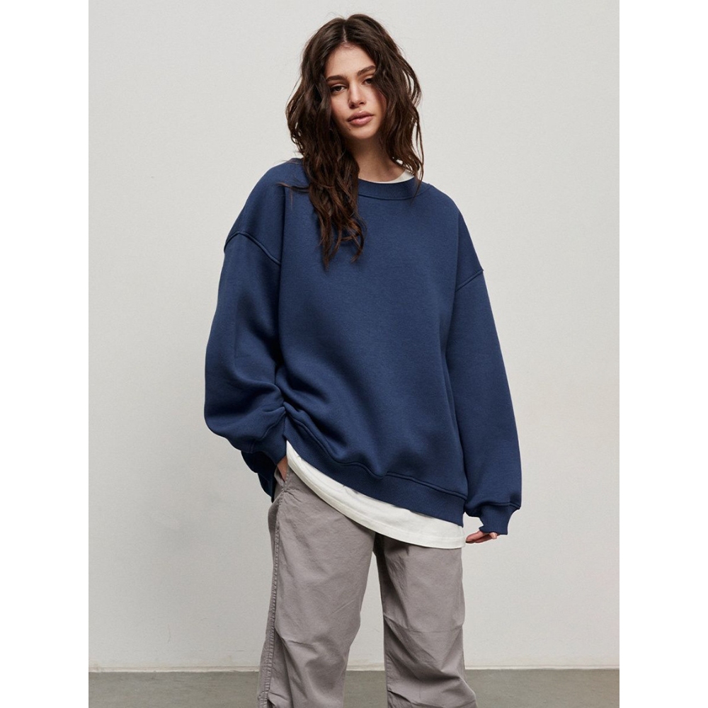 跨境圆领宽松卫衣女欧美2024秋冬街头纯色Oversize摇粒绒套头卫衣