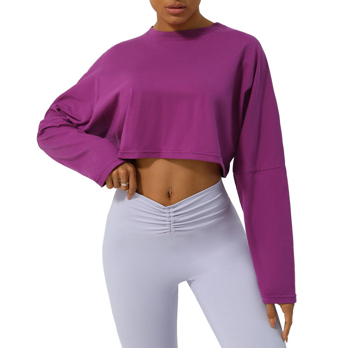 春夏季瑜伽服上衣圆领宽松跑步运动长袖T恤短款透气健身T恤上衣女