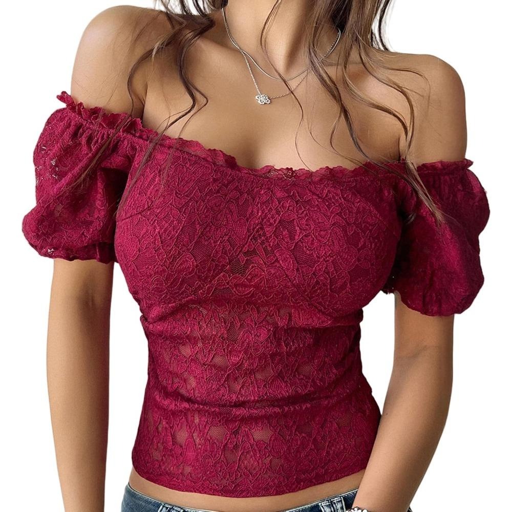 Women Off Shoulder Going Out Tops Mesh Puff Short Sleeve Summer Crop Top