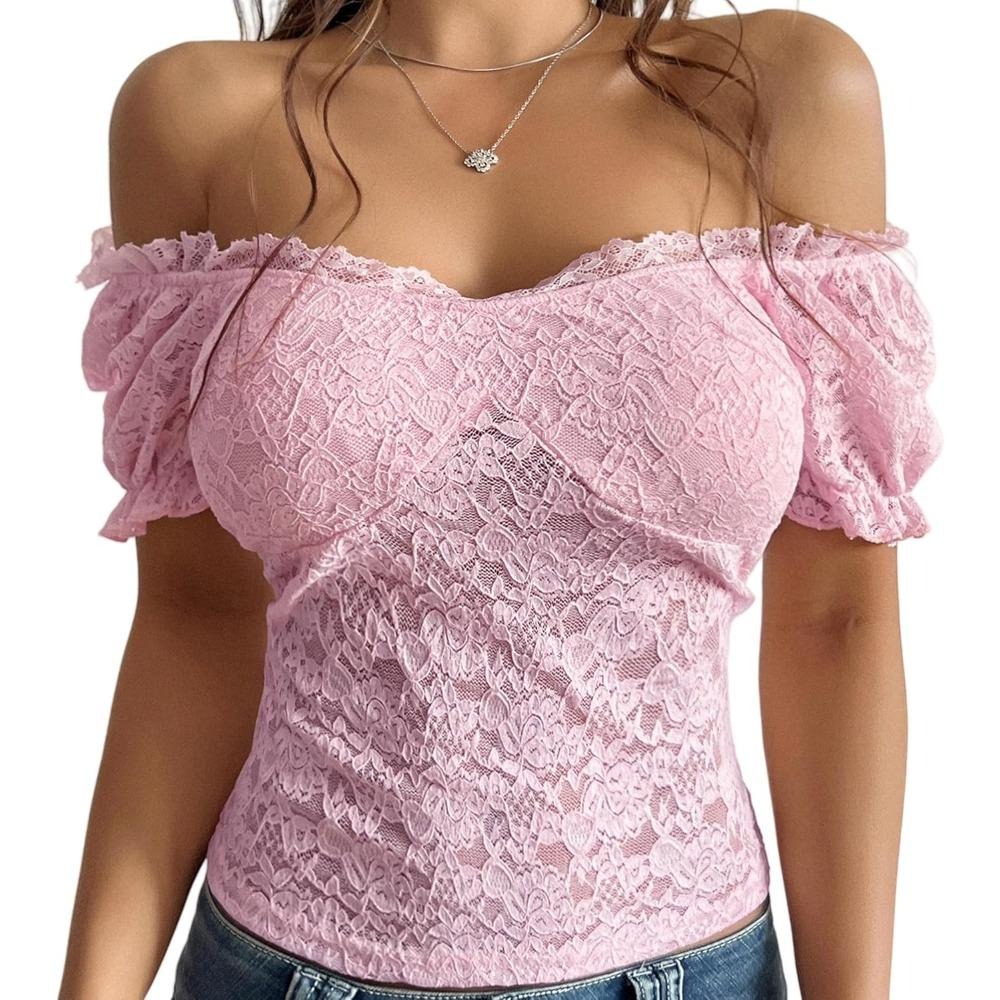 Women Off Shoulder Going Out Tops Mesh Puff Short Sleeve Summer Crop Top