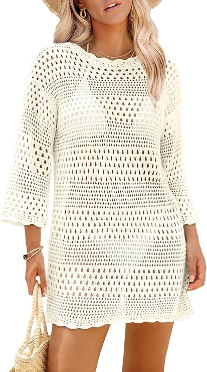  女子钩针针织泳衣覆盖迷你裙夏季2025船领波浪修剪沙滩泳衣覆盖