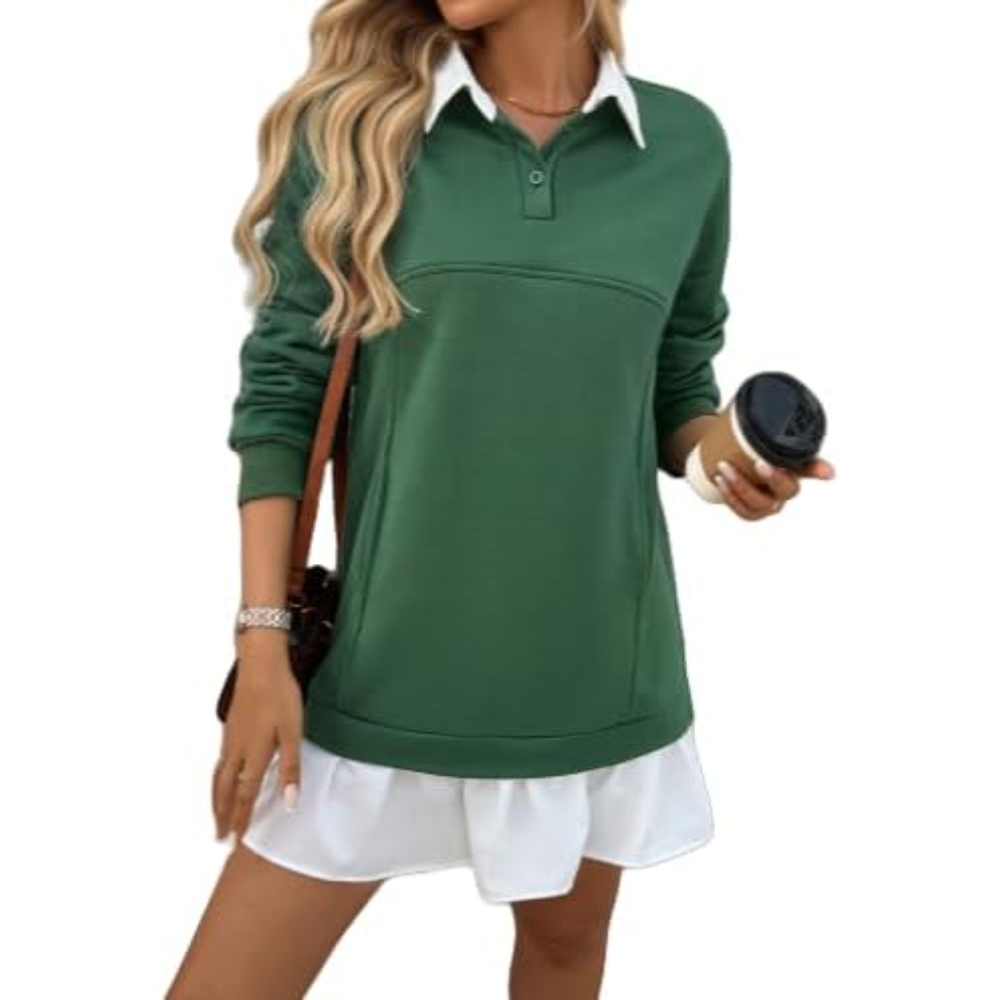 Women's Fall Sweatshirt Dress Polo Neck Long Sleeve Button Paneled Hem Oversized Pullover Tops Cozy Casual Loose Coffee Run Street Style Pullover Dress with Pocket