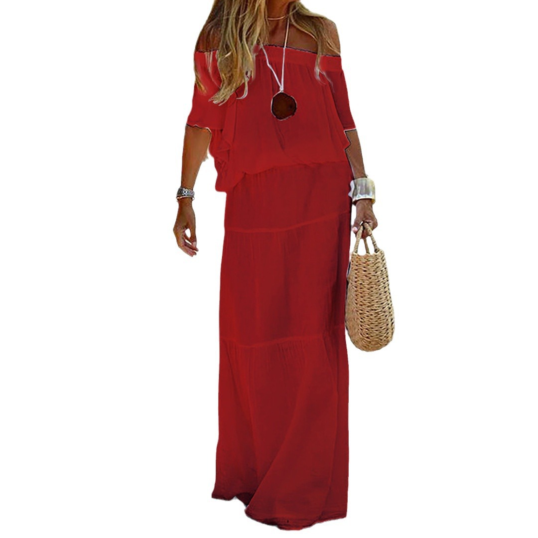 时尚休闲纯色一字肩松紧腰短袖长款连衣裙