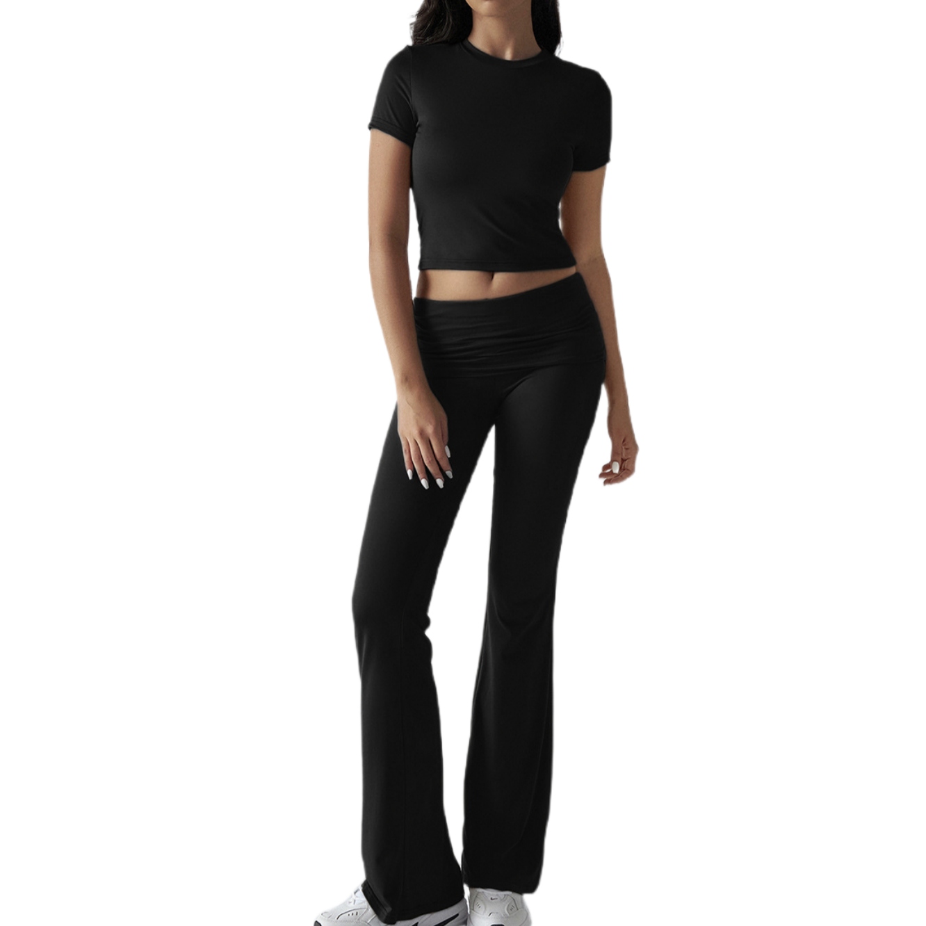 2025春夏外贸休闲纯色修身露脐短袖长裤子套装